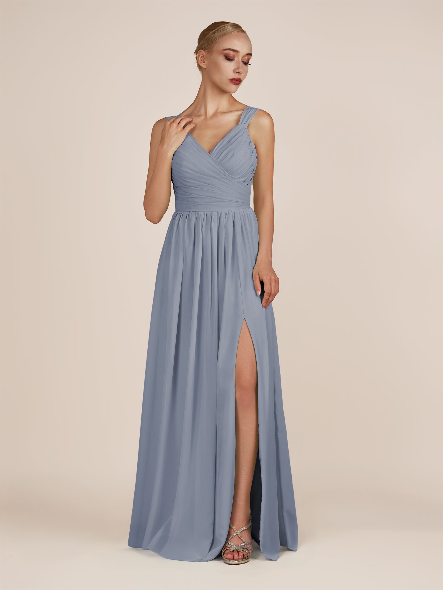 KissDress-Azura Twilight A-Line V Neck Chiffon Pleated Long Bridesmaid Dress with Slit