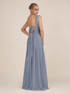 KissDress-Azura Twilight A-Line V Neck Chiffon Pleated Long Bridesmaid Dress with Slit