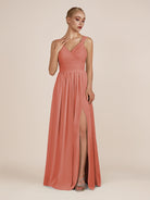 KissDress-Azura Wild Rose A-Line V Neck Chiffon Pleated Long Bridesmaid Dress with Slit