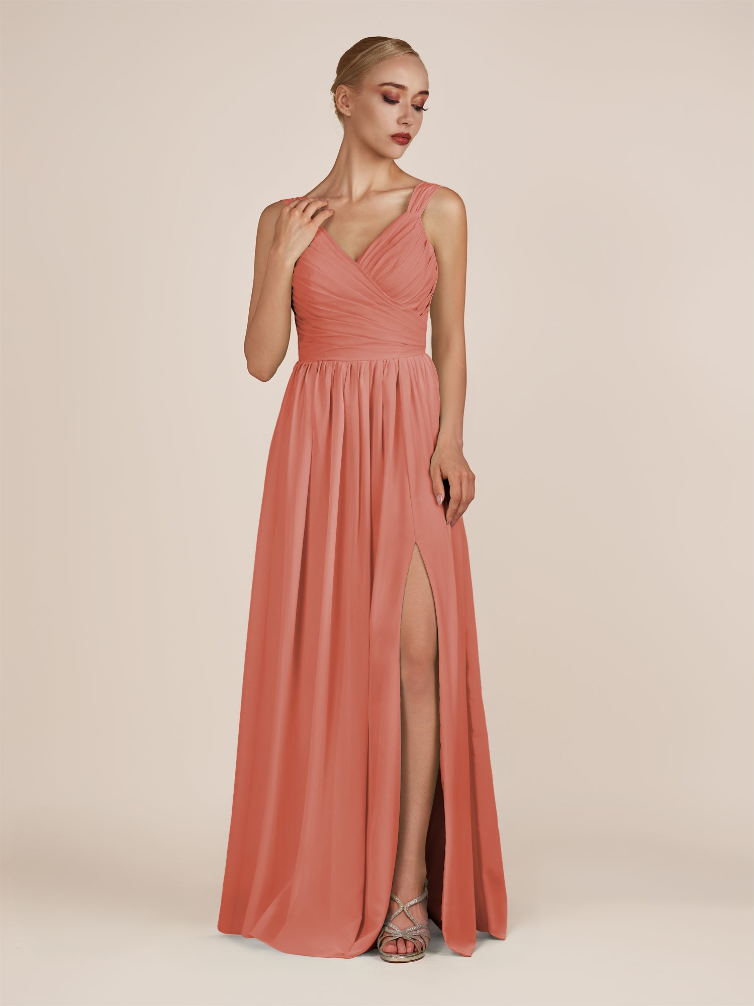 KissDress-Azura Wild Rose A-Line V Neck Chiffon Pleated Long Bridesmaid Dress with Slit