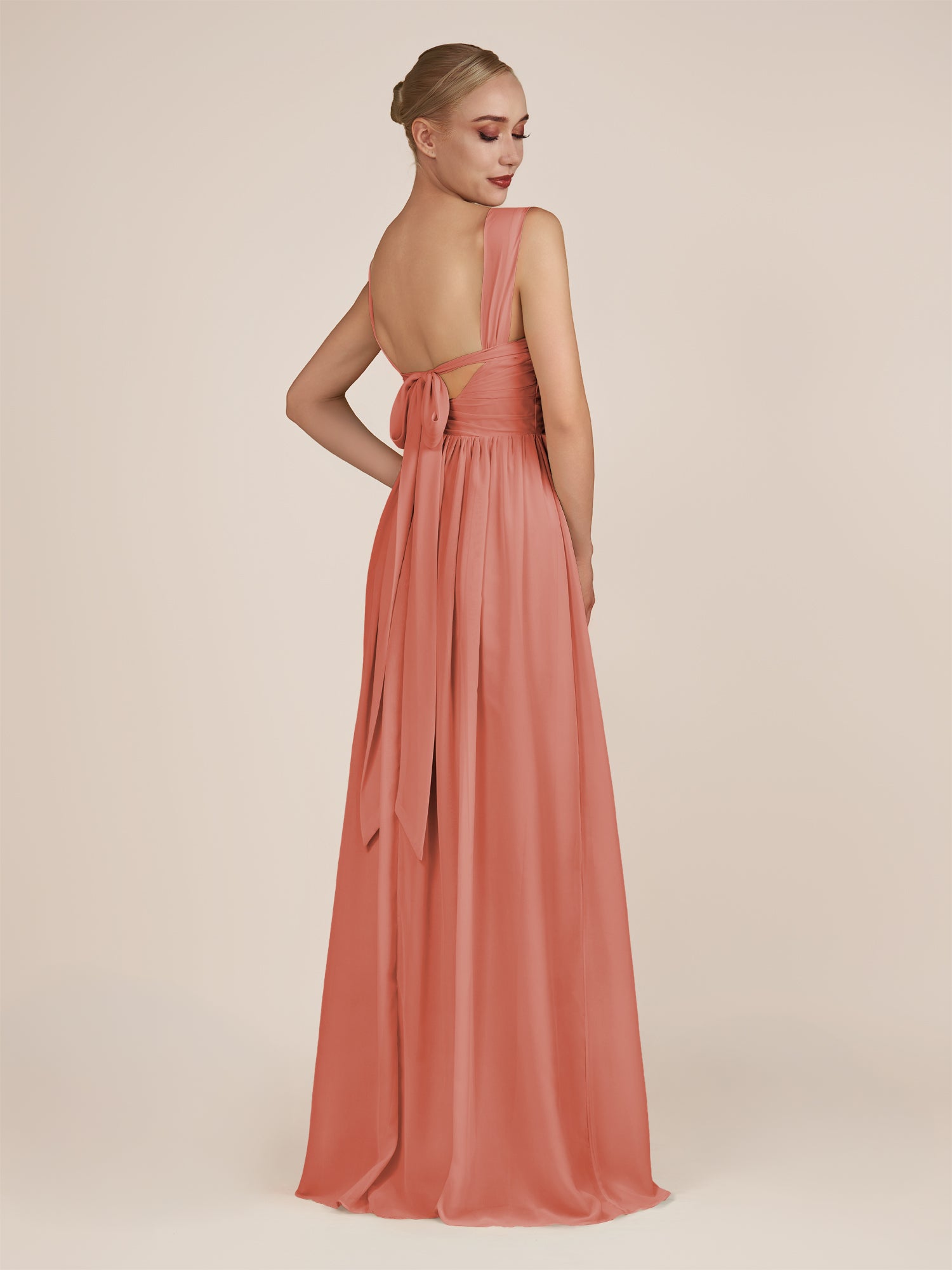 KissDress-Azura Wild Rose A-Line V Neck Chiffon Pleated Long Bridesmaid Dress with Slit