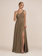 KissDress-Azura Willow Green A-Line V Neck Chiffon Pleated Long Bridesmaid Dress with Slit