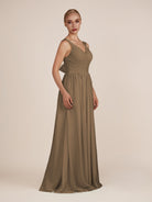 KissDress-Azura Willow Green A-Line V Neck Chiffon Pleated Long Bridesmaid Dress with Slit