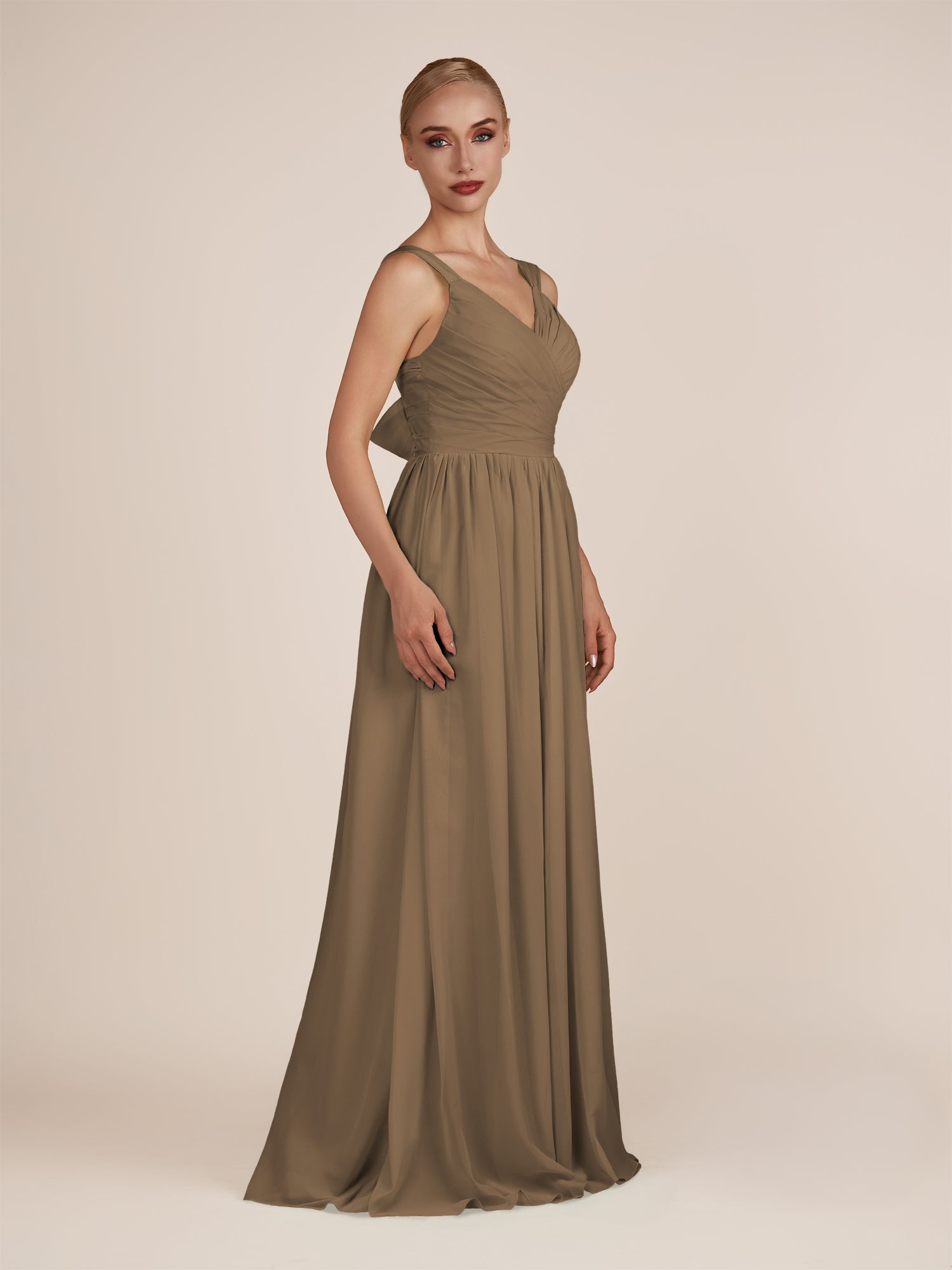 KissDress-Azura Willow Green A-Line V Neck Chiffon Pleated Long Bridesmaid Dress with Slit