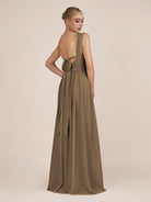 KissDress-Azura Willow Green A-Line V Neck Chiffon Pleated Long Bridesmaid Dress with Slit