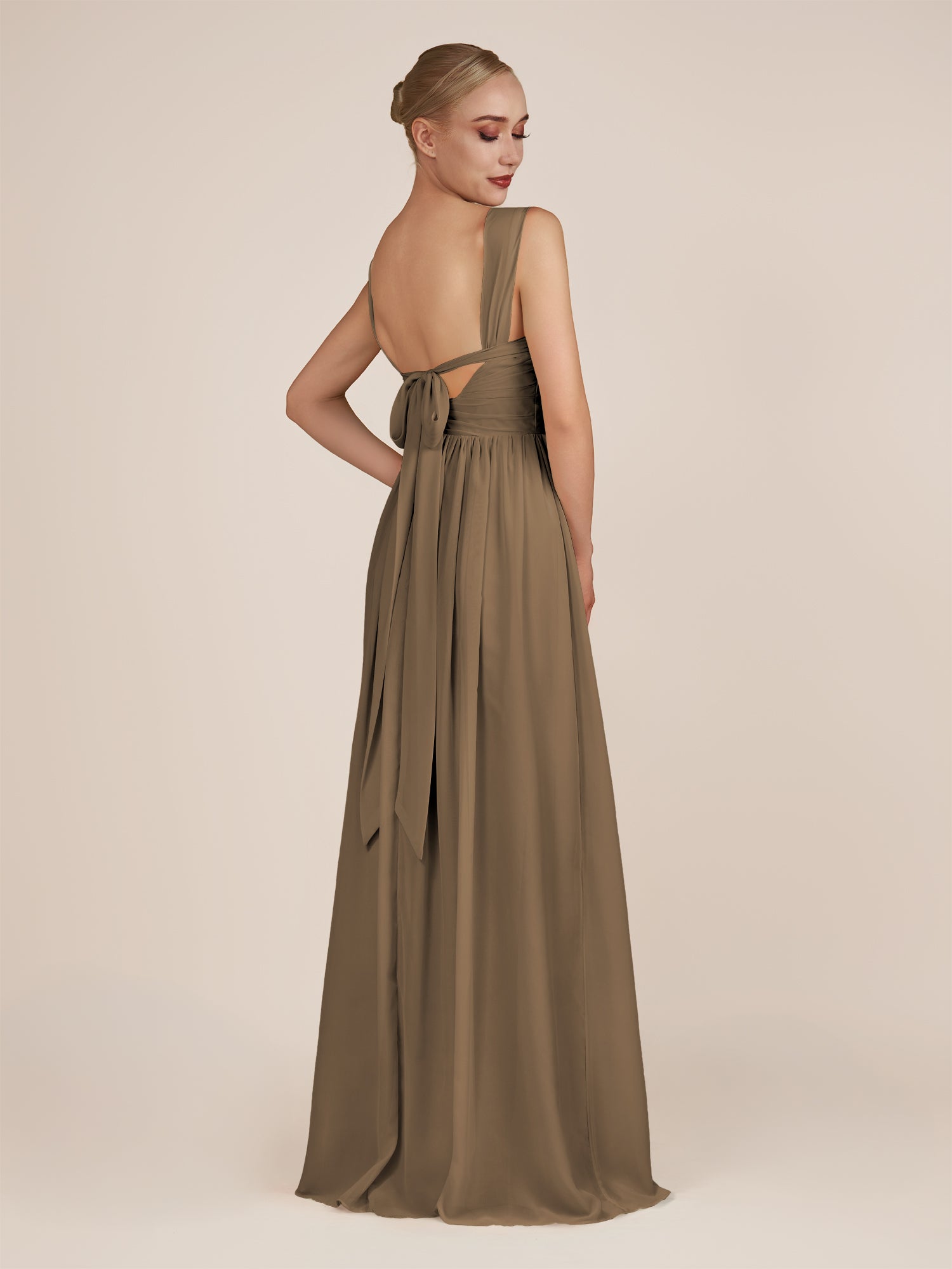 KissDress-Azura Willow Green A-Line V Neck Chiffon Pleated Long Bridesmaid Dress with Slit
