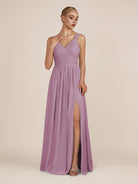 KissDress-Azura Wisteria A-Line V Neck Chiffon Pleated Long Bridesmaid Dress with Slit