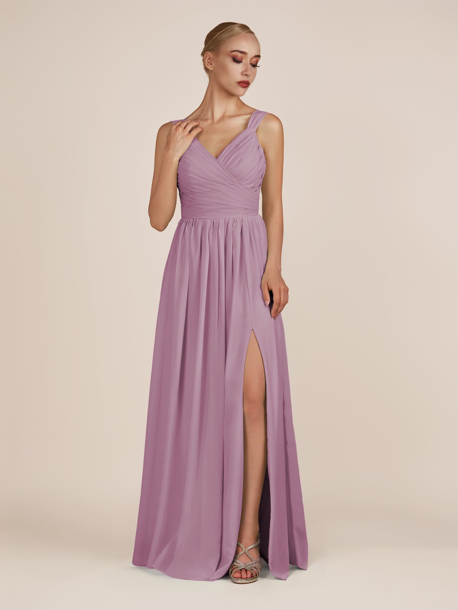 KissDress-Azura Wisteria A-Line V Neck Chiffon Pleated Long Bridesmaid Dress with Slit