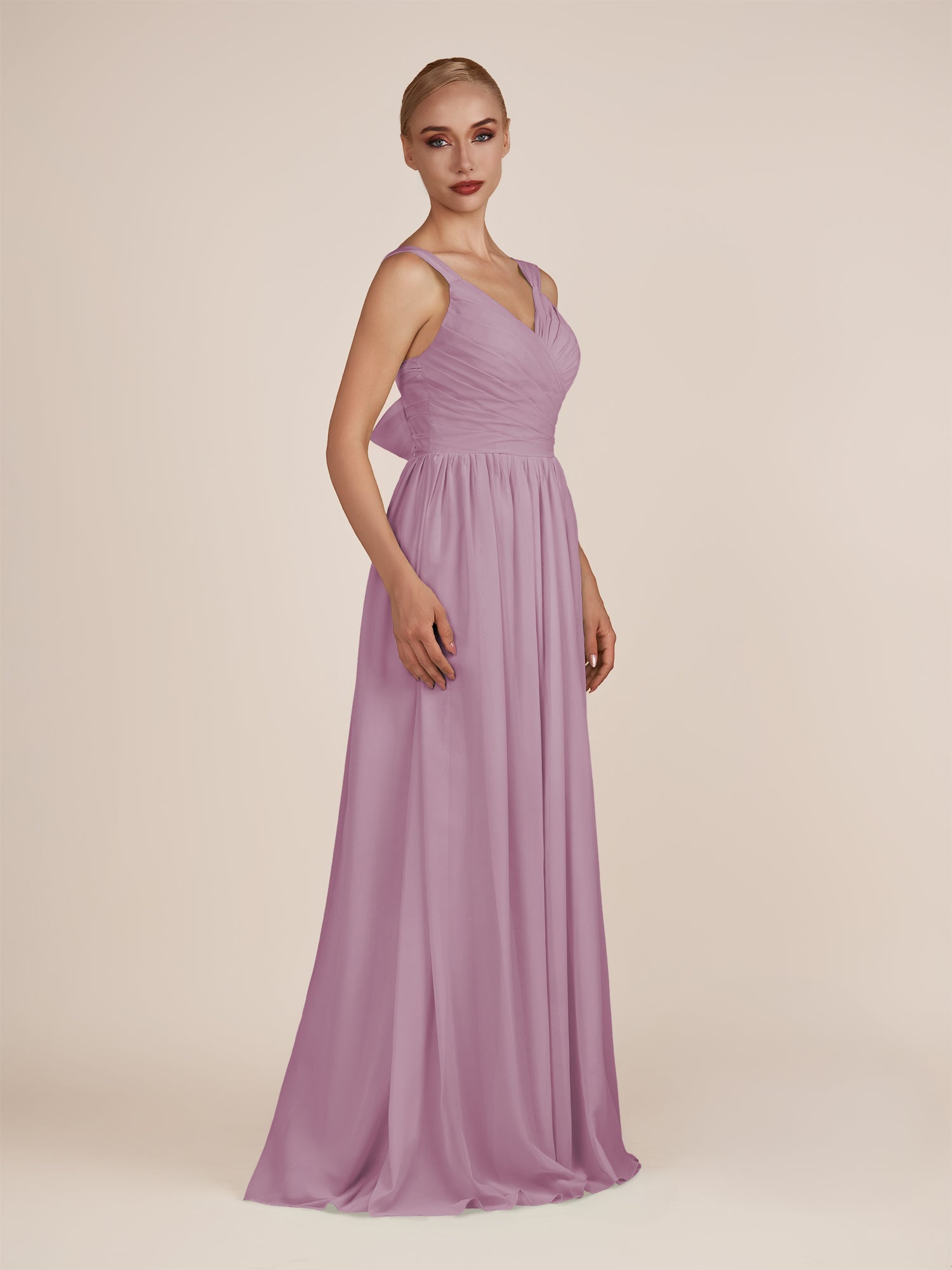 KissDress-Azura Wisteria A-Line V Neck Chiffon Pleated Long Bridesmaid Dress with Slit