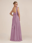 KissDress-Azura Wisteria A-Line V Neck Chiffon Pleated Long Bridesmaid Dress with Slit