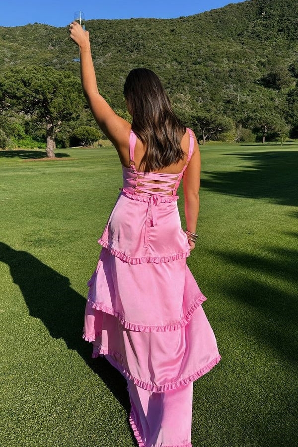 A-Line Hot Pink Ruffles Slit Prom Dress with Lace-up Back