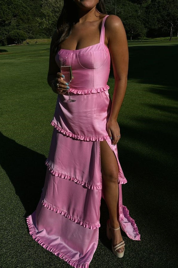 A-Line Hot Pink Ruffles Slit Prom Dress with Lace-up Back