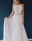 Beach Lace Chiffon Halter Sleeveless Open Back Wedding Dresses