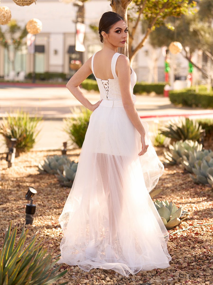 Beach Short Sweetheart Detachable Lace Wedding Dress With Tied Back - KissProm