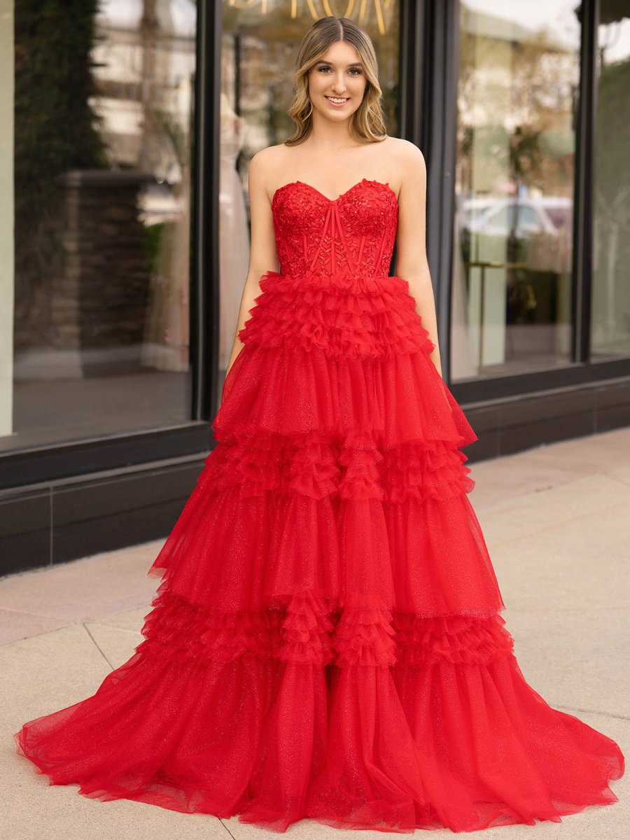 Adelyn Black A-Line Sweetheart Tiered Long Sparkling Tulle Prom Dress KissDress Adelyn Black A-Line Sweetheart Tiered Long Sparkling Tulle Prom Dress KissDress