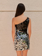 Mina | Black Gradient Cut Glass Mirror One - Shoulder Short Dress - KissProm