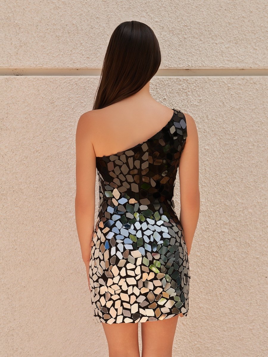 Mina | Black Gradient Cut Glass Mirror One - Shoulder Short Dress - KissProm