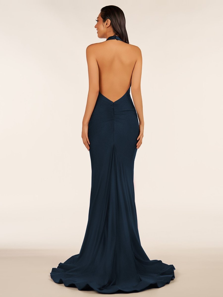 Simple Black Halter Backless Mermaid Long Prom Dress - KissProm
