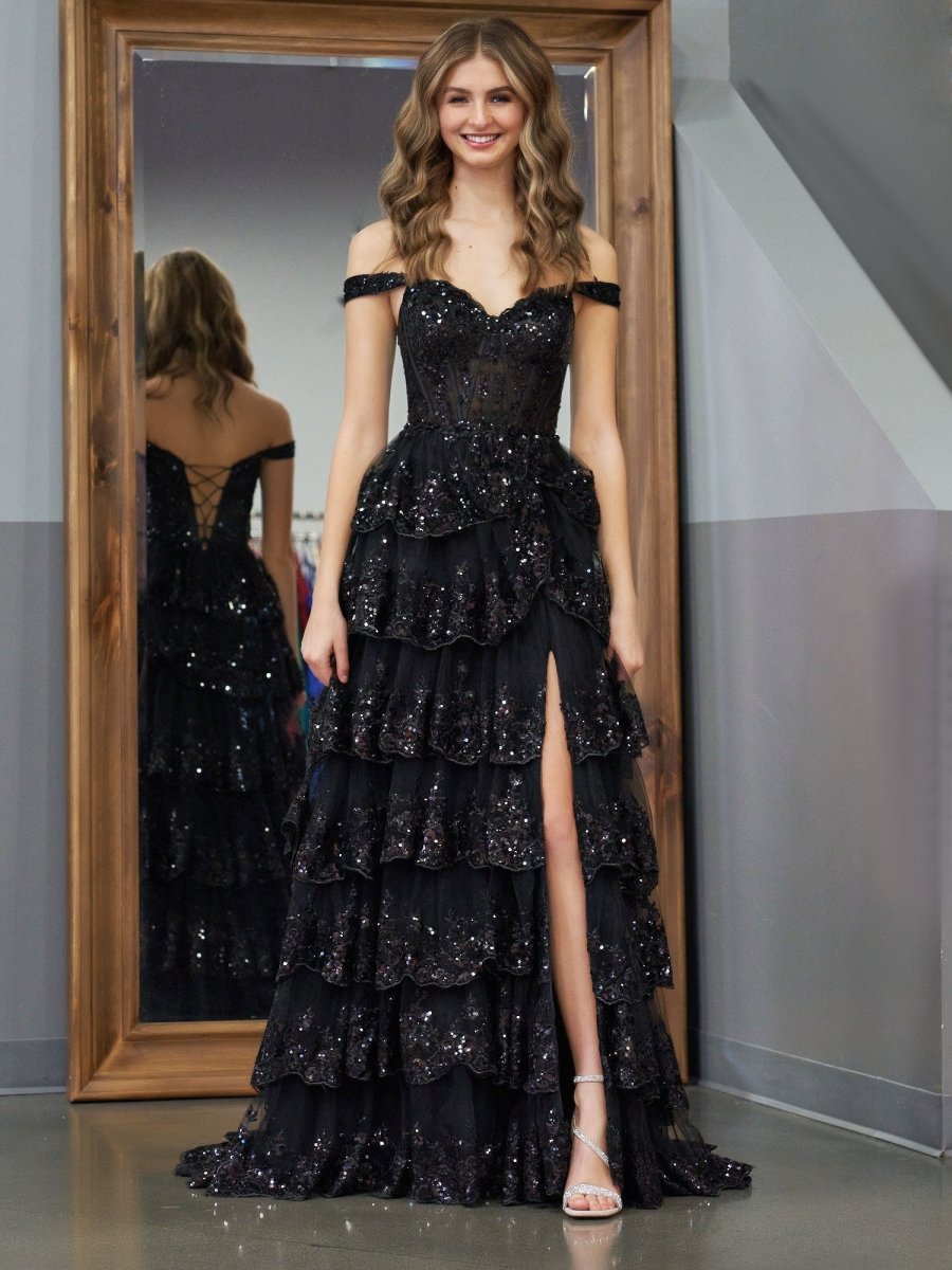 Black Princess A Line Off the Shoulder Corset Prom Dress with Lace Ruf KissDress Black Princess A Line Off the Shoulder Corset Prom Dress with Lace Ruf KissDress