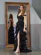 Black Princess A Line Off the Shoulder Corset Prom Dress with Lace Ruffles - KissProm