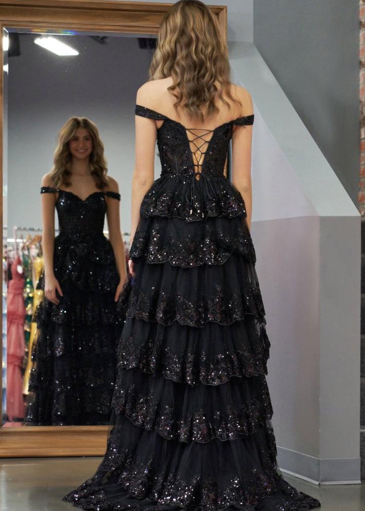 Capri | A - Line Lace Off - the - Shoulder Tiered Long Prom Dress with Slit - KissProm