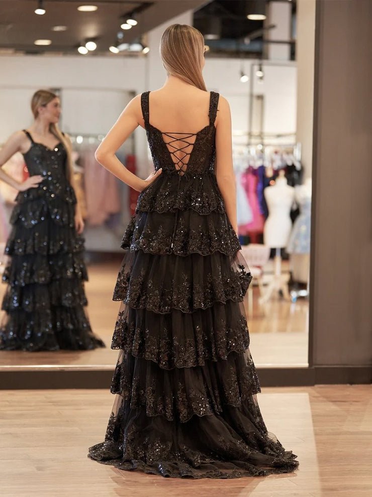 Black Princess A Line Off the Shoulder Corset Prom Dress with Lace Ruffles - KissProm