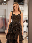 Black Princess A Line Off the Shoulder Corset Prom Dress with Lace Ruffles - KissProm