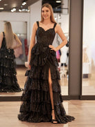Black Princess A Line Off the Shoulder Corset Prom Dress with Lace Ruffles - KissProm