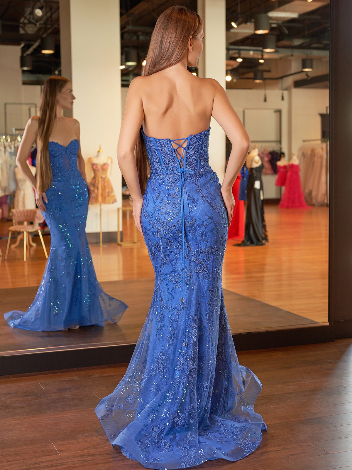 Black Strapless Lace Appliques Mermaid Long Prom Dresses