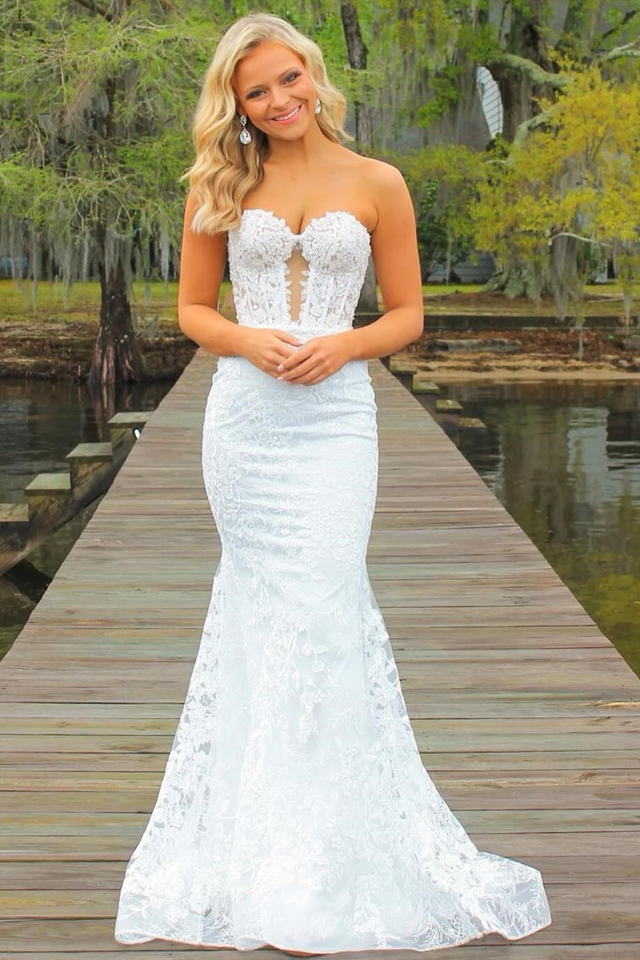 Black Strapless Lace Appliques Mermaid Long Prom Dresses