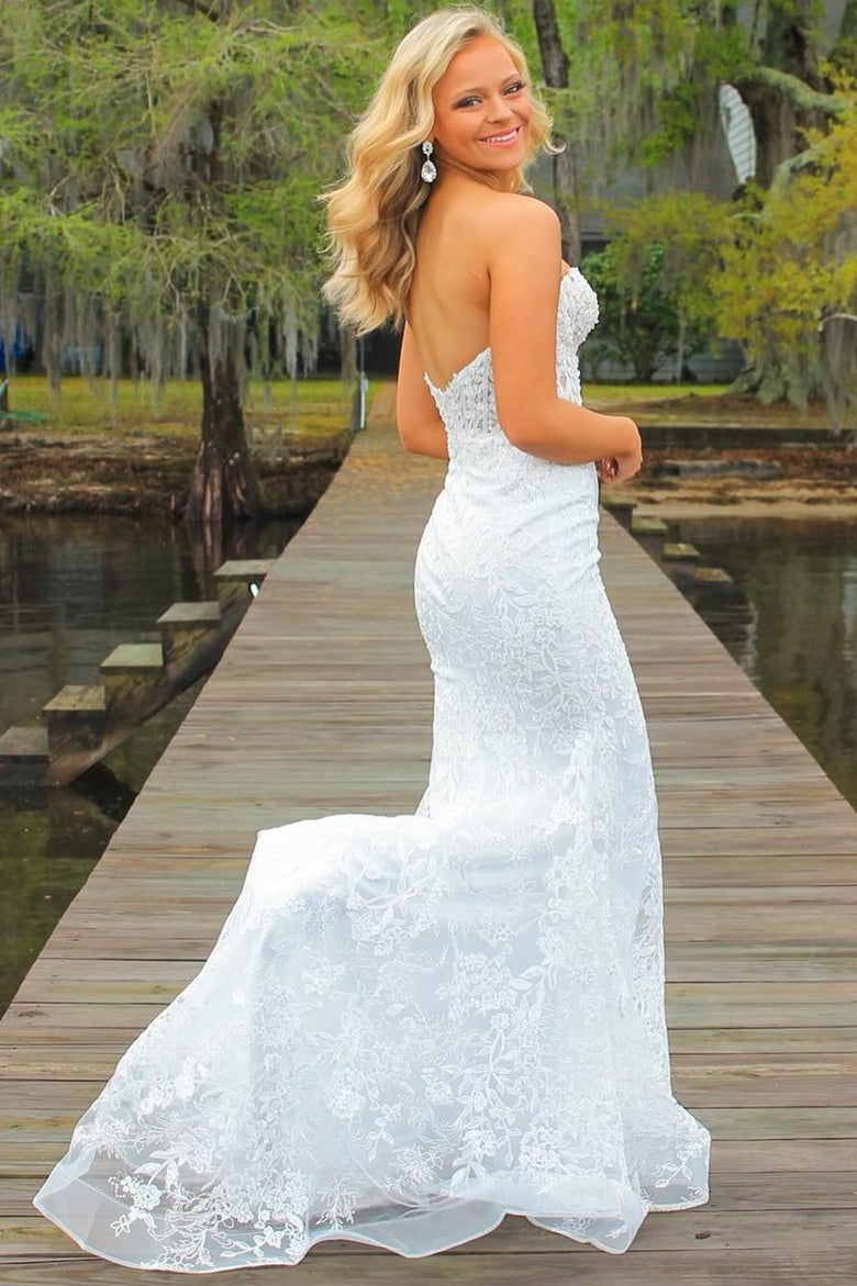 Black Strapless Lace Appliques Mermaid Long Prom Dresses