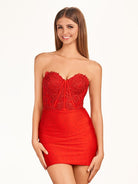 Blanche | Red Sheath Beaded Satin and Lace Homecoming Dress - KissProm
