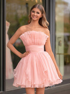 Amaia | Blue A - Line Strapless Ruffled Short Homecoming Dress - KissProm