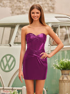 Bodycon Strapless Corset Burgundy Tight Short Homecoming Dresses - KissProm