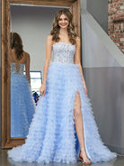 Jordan | Sky Blue A - Line Tiered Sequins Tulle Long Prom Dress - KissProm