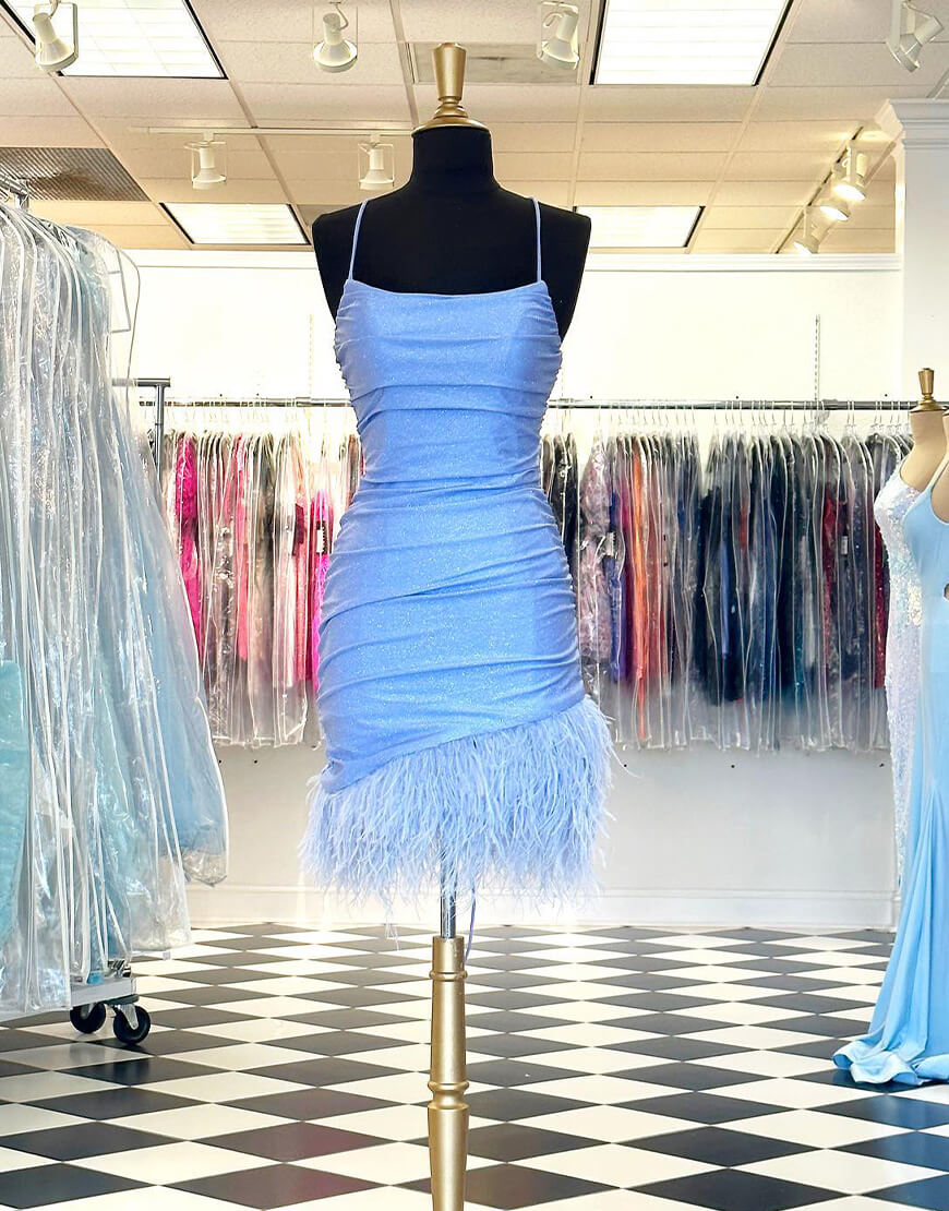 Sheath Blue Homecoming Dress with Feathers