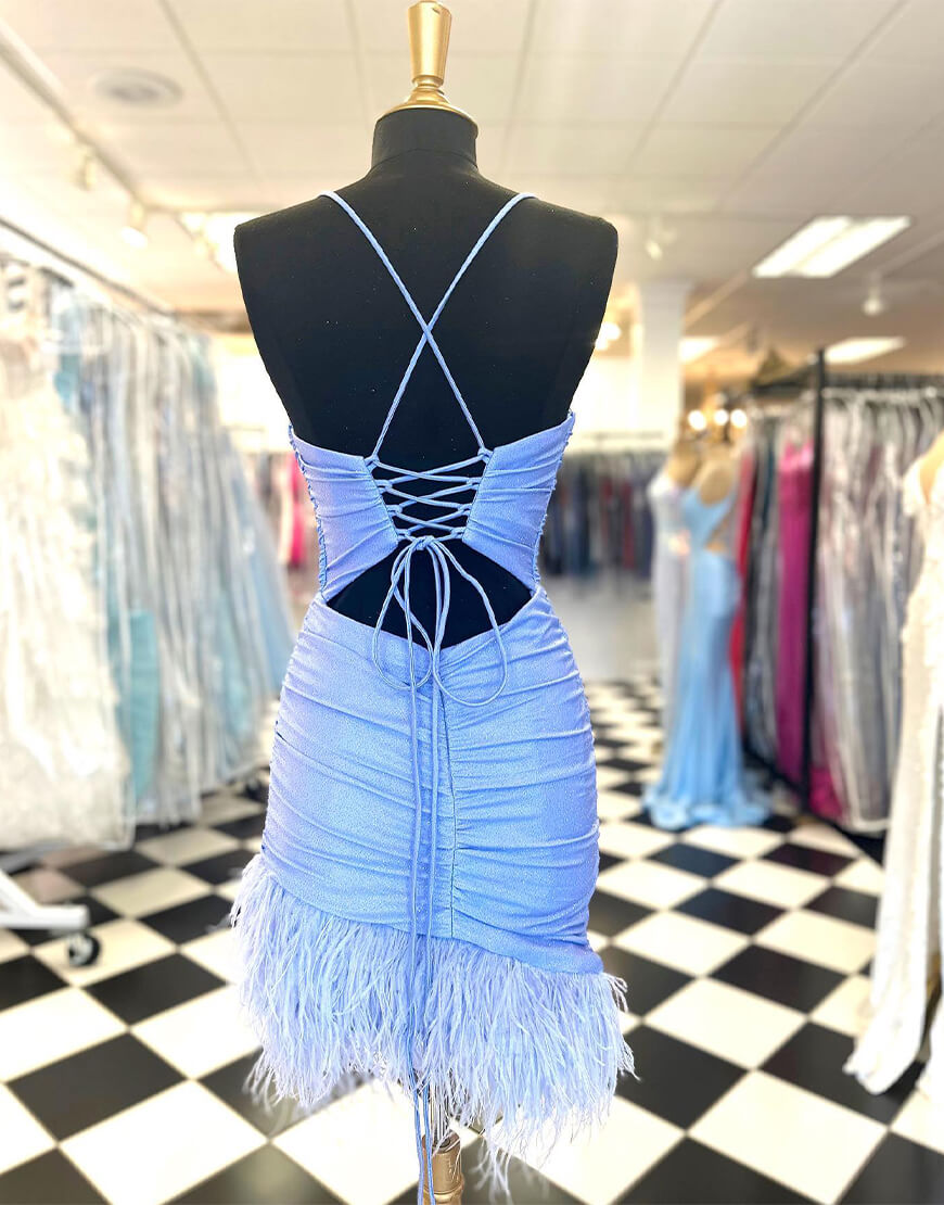 Sheath Blue Homecoming Dress with Feathers