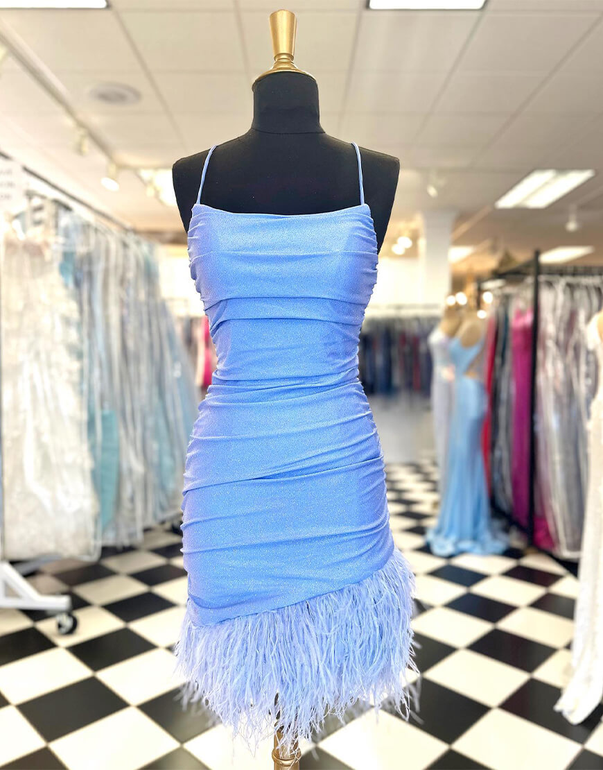 Sheath Blue Homecoming Dress with Feathers