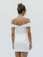 KissDress-Asteria  Sheath Off-the Shoulder Satin Simple Wedding Dress Sleeveless Short Hemline