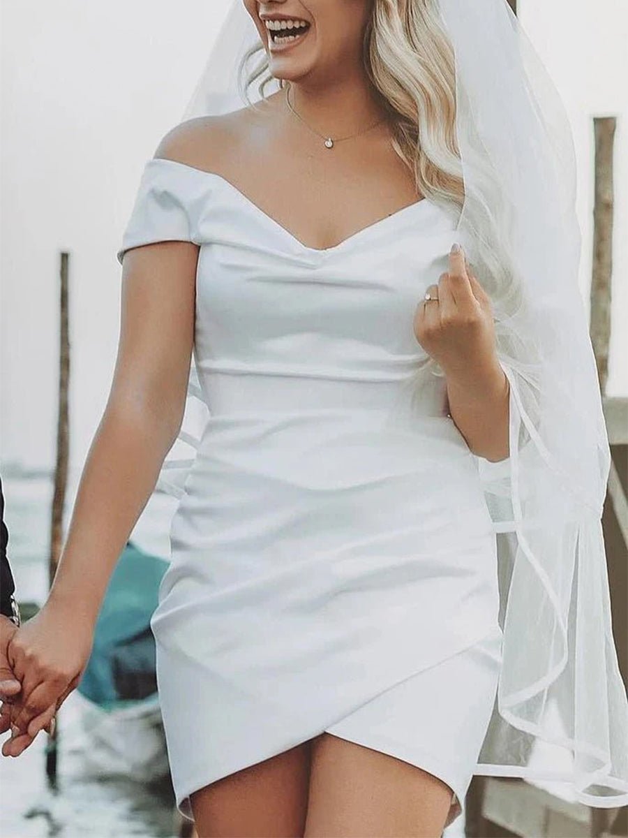 KissDress-Asteria  Sheath Off-the Shoulder Satin Simple Wedding Dress Sleeveless Short Hemline