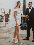 KissDress-Asteria  Sheath Off-the Shoulder Satin Simple Wedding Dress Sleeveless Short Hemline