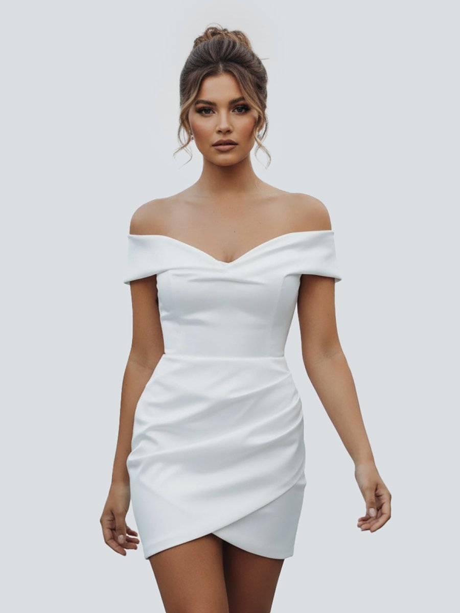 KissDress-Asteria  Sheath Off-the Shoulder Satin Simple Wedding Dress Sleeveless Short Hemline