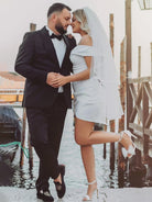 KissDress-Asteria  Sheath Off-the Shoulder Satin Simple Wedding Dress Sleeveless Short Hemline