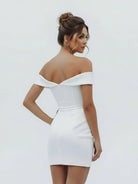 KissDress-Asteria  Sheath Off-the Shoulder Satin Simple Wedding Dress Sleeveless Short Hemline