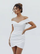 KissDress-Asteria  Sheath Off-the Shoulder Satin Simple Wedding Dress Sleeveless Short Hemline