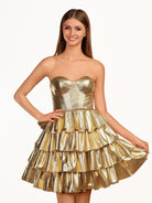 Bonny | A - Line Sweetheart Gold Metallic Ruffle Homecoming Dress - KissProm