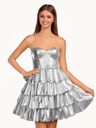 Bonny | A - Line Sweetheart Gold Metallic Ruffle Homecoming Dress - KissProm