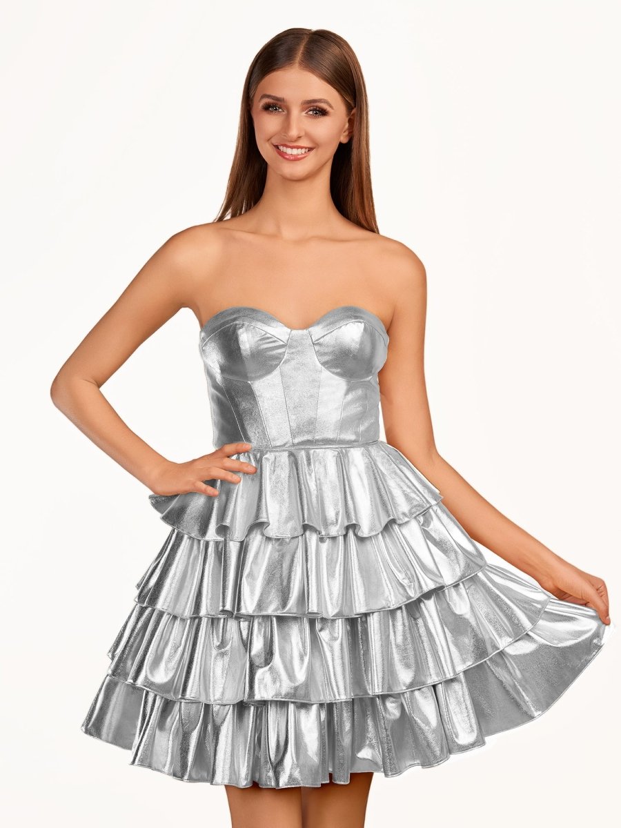 Bonny | A - Line Sweetheart Gold Metallic Ruffle Homecoming Dress - KissProm