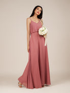 KissDress-Branwyn Mulberry A Line V Neck Chiffon Long Bridesmaid Dress with Ruffles