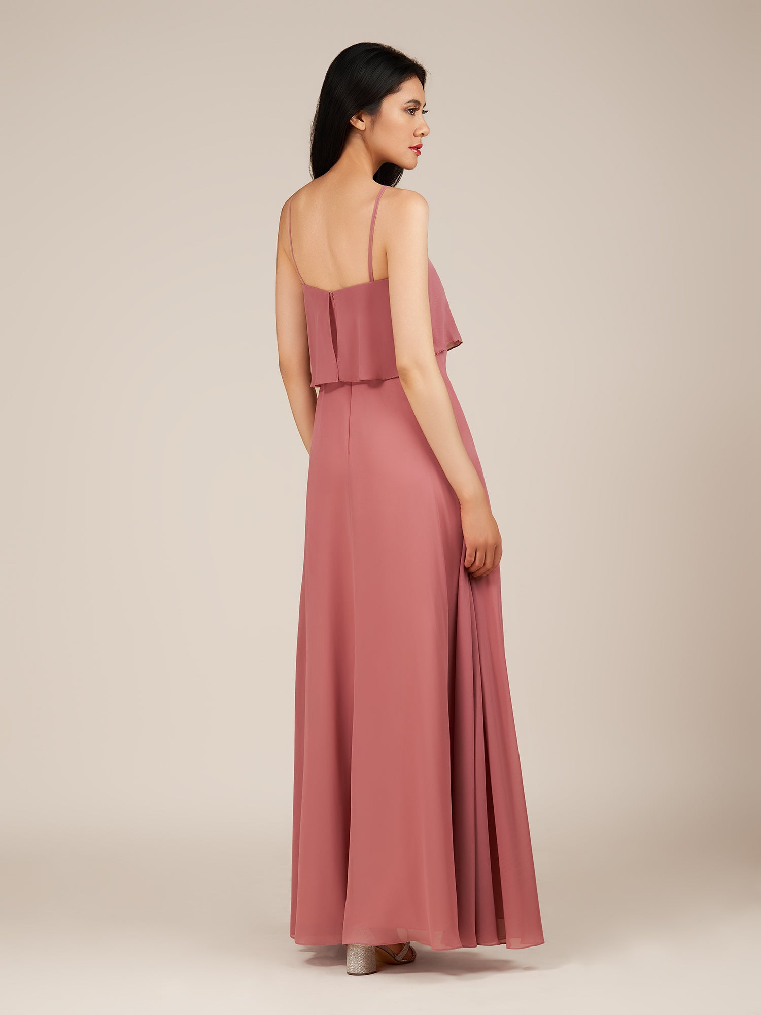 KissDress-Branwyn Mulberry A Line V Neck Chiffon Long Bridesmaid Dress with Ruffles